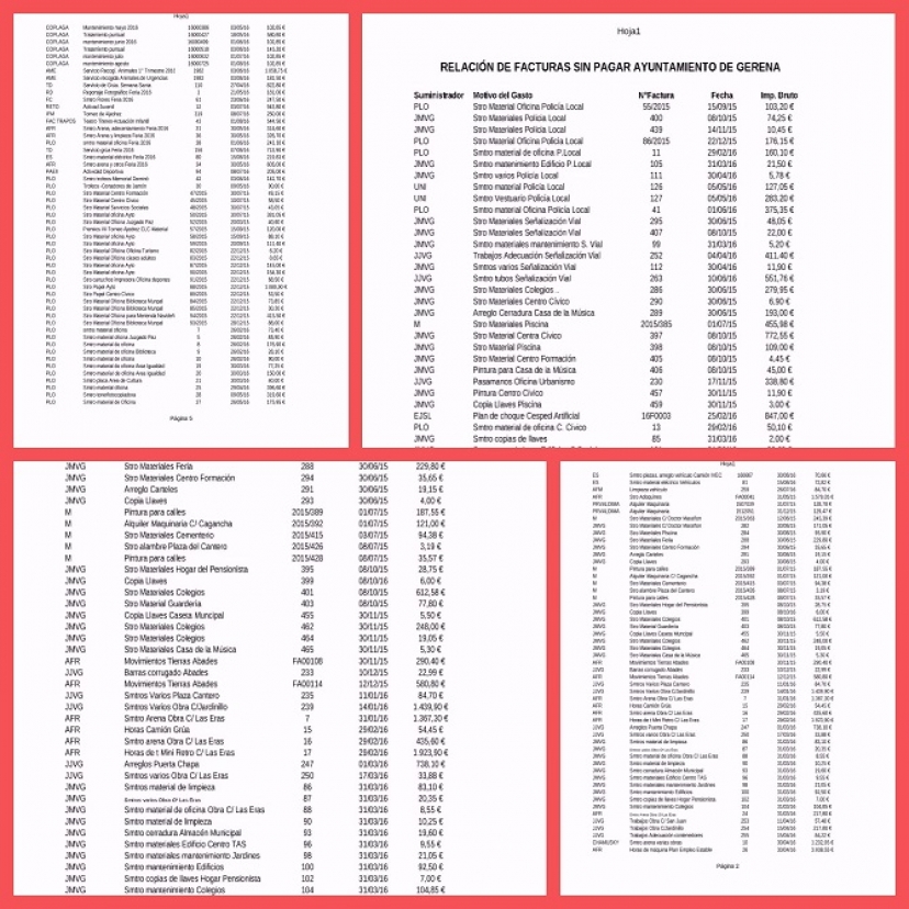 Gerena: Aparecen más de 160.000 € en facturas guardadas del 2015 y parte del 2016